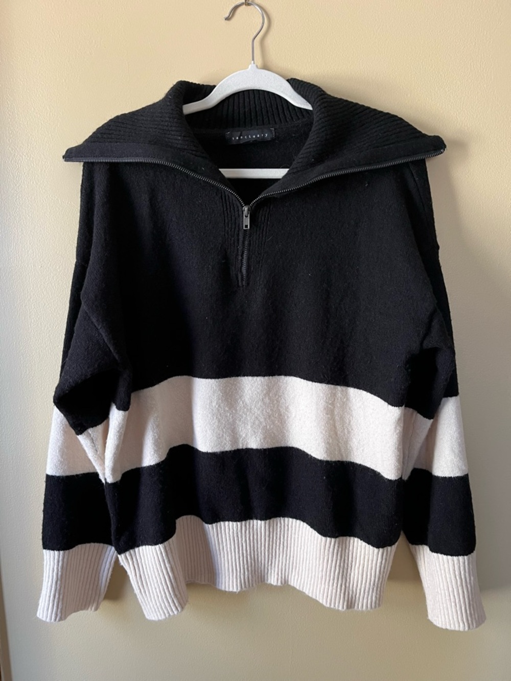 Sanctuary Black & White Striped Zip Pullover Sweater